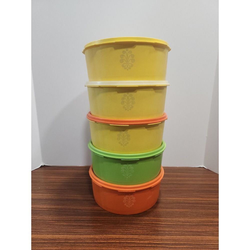 Lot 5 Vintage Tupperware Servalier Canisters‎ 1204 Orange Yellow Green 4 Lids
